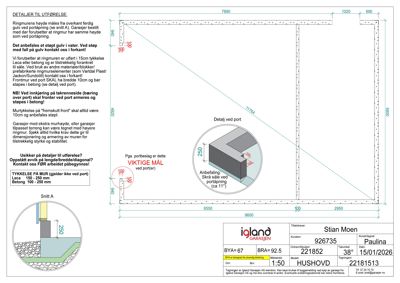 Snittegning (Snitt A) av en garasje med detaljerte mål og konstruksjonsbeskrivelser.