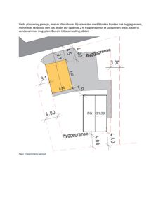 Situasjonsplan som viser tomtens grenser, byggegrenser og plassering av en garasje (gult område) med målinger.