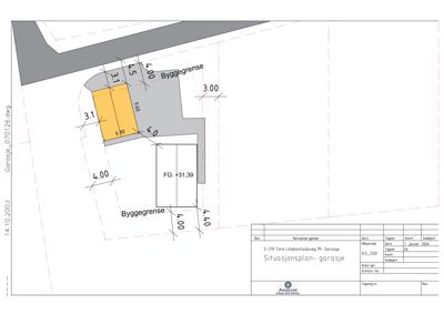 Situasjonsplan for en garasje, som viser byggegrenser, mål og grunnfeste.