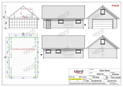Bildet viser fasadetegninger av en garasje med mål og detaljer.