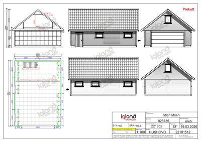 Fasadetegning som viser front- og sideutsikt av en garasje med mål og detaljer.