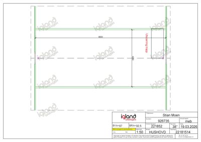 Etasjeplan eller situasjonsplan for en garasje med utvendig trapp, med mål og tegningsinformasjon.