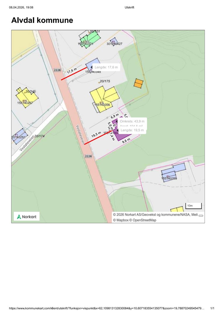 Kommunekart (situasjonskart) som viser eiendomsgrenser, vegnett og topografi for eiendom i Alvdal kommune.