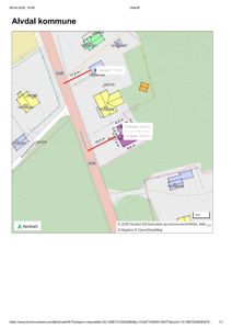 Kommunekart (situasjonskart) som viser eiendomsgrenser, vegnett og topografi for eiendom i Alvdal kommune.