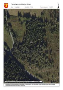 Kart over et område med skog og en vei, som viser en markert punkt (tomt) og koordinater.