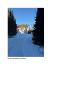 Fotografi av en snødekt vei (Nævsveien) som ser ut mot Brandhaugen.