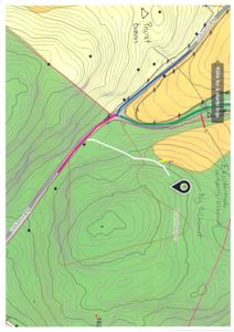Situasjonsplan som viser terrengform (konturlinjer), vegforløp (Næsvegen) og planlagte eller eksisterende infrastruktur med håndskrevne notater.