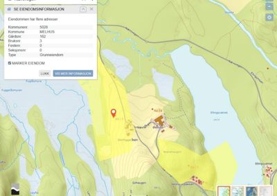 Et digitalt kart over eiendom i Melhus kommune med topografi, vann og vegnett.
