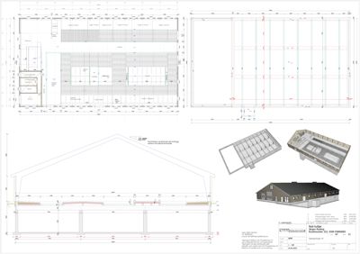 Bildet viser en samling tegninger for en byggesak, inkludert etasjeplaner (topplan), snittegning (tverrsnitt) og 3D-visualiseringer av bygningen.