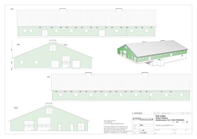 Fasadetegning med oppriss av bygning sett fra fire sider (Vest, Sør, Øst, Nord).
