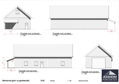 Fasadetegning som viser bygningens utseende fra fire ulike sider (nordvest, nordøst, sørvest og sørøst) med mål og detaljer.