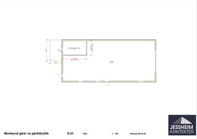 Etasjeplan (E-01) for en ny gårdsbutikk i Munkerud gård, som viser romfordeling, dører, vinduer og mål.
