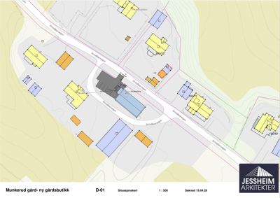 Situasjonskart som viser tomtens beliggenhet i forhold til nabolag, veier (Grindskjærsvegen) og eksisterende bygninger.