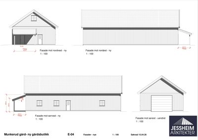 Fasadetegninger for en ny gardsbutikk, som viser utsiden av bygningen fra fire ulike vinkler (nordvest, nordøst, sørvest og sørøst).