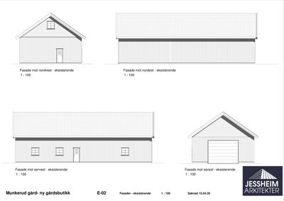 Fasadetegning som viser eksisterende fasader mot nordvest, nordøst, sørvest og sørøst for Munkerud gård.