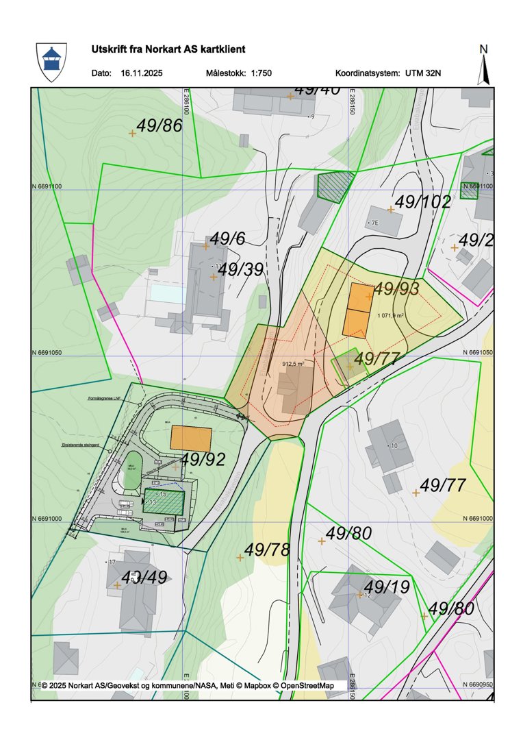 Situasjonsplan (tomtekart) som viser eiendomsnummer, areal og bygningsplassering.