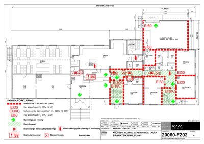 Etasjeplan (Plan 1) som viser romfordeling, brannklassifisering av vegger (EI30, EI60 osv.) og brannveier i en eksisterende bygning med tilbygg.