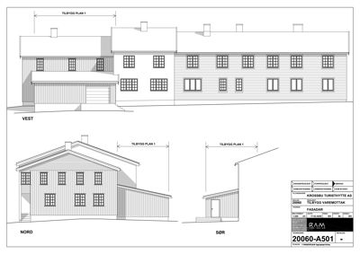Fasadetegning som viser bygningens utseende fra vest, nord og sør.