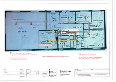 Etasjeplan for 2. etasje som viser romfordeling, arealer og ventilasjonsanlegg.