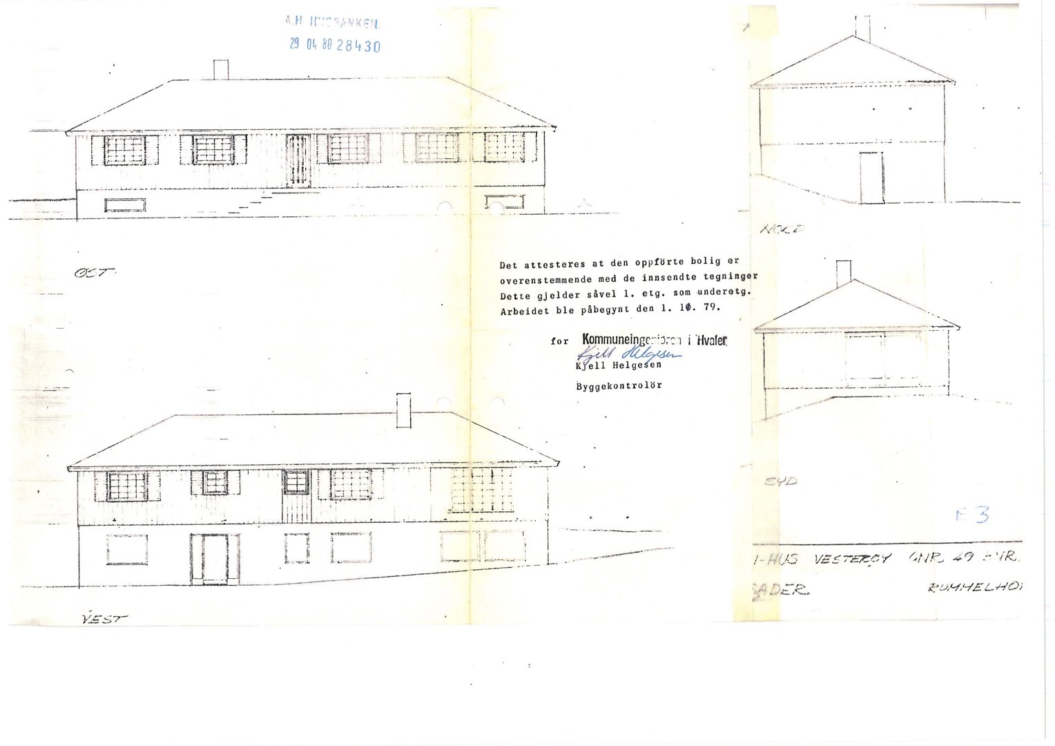 Tegning som viser fasadeopprikk (vest- og sydside) av et hus.