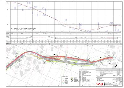 Situasjonsplan som viser en vei (Veg 2000G) med forsterkning, inkludert topografi, eksisterende og ny vegprofil, samt omgivelsene med bygninger og infrastruktur.
