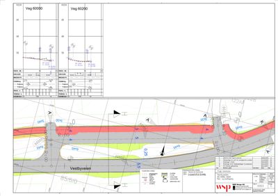 Situasjonsplan som viser en ny prosjektert vei (Veg 60000/60200) med tilhørende veiforhold, høyder og geometri.