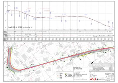 Situasjonsplan som viser en veiprosjekt med profilering, høydemål, og bygningsplasseringer i området.