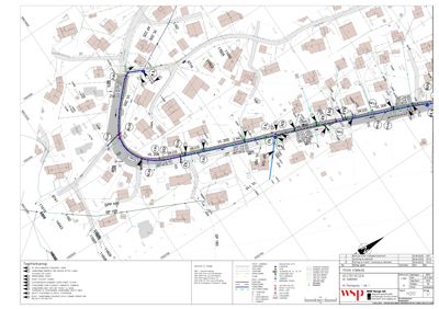 Situasjonsplan som viser bygningers plassering, vegnett, høydemål og tekniske installasjoner (f.eks. vann og avløp) i et område.