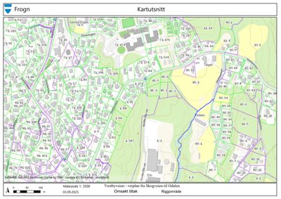 Kartutsnitt som viser eiendomsnummer, vegnett og topografi for Vestbyveien i Frogn kommune.