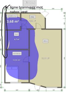 Etasjeplan som viser romfordeling, arealer og en markert brannvegg.