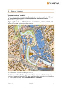 Situasjonsplan som viser eiendommen Vollsveien 13D i forhold til nabolaget, veier (Vollsveien, Marstrandveien, Nordraaks vei) og elv. Kartet illustrerer dagens bruk og plassering i Granfoss-området.