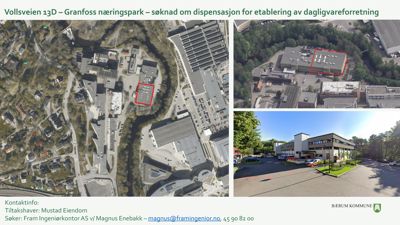 Bildet viser en situasjonsplan (flyfoto) med en bygning markert i rødt, samt to mindre bilder av samme bygning (fra luften og fotorealistisk).