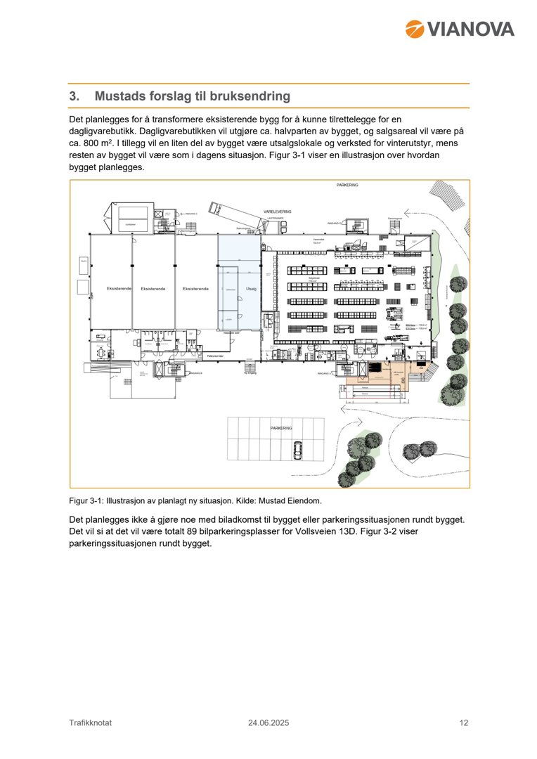 Illustrasjon av planlagt ny situasjon med bygning og parkering