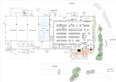 Etasjeplan (PLAN 1. ETG) som viser romfordeling, eksisterende arealer, utvalg, varelevering og parkering.