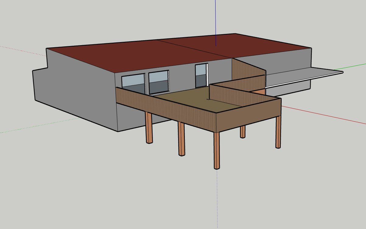 3D-visualisering (rendering) av en bygning med etasjehus og en hevet terrasse eller veranda.