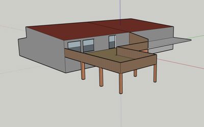 3D-visualisering (rendering) av en bygning med etasjehus og en hevet terrasse eller veranda.