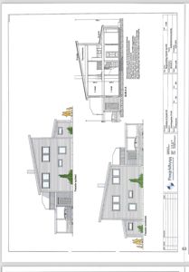 Fasadetegning som viser bygningens utseende fra nordvest og sydvest, inkludert vinduer, takform og trapp.