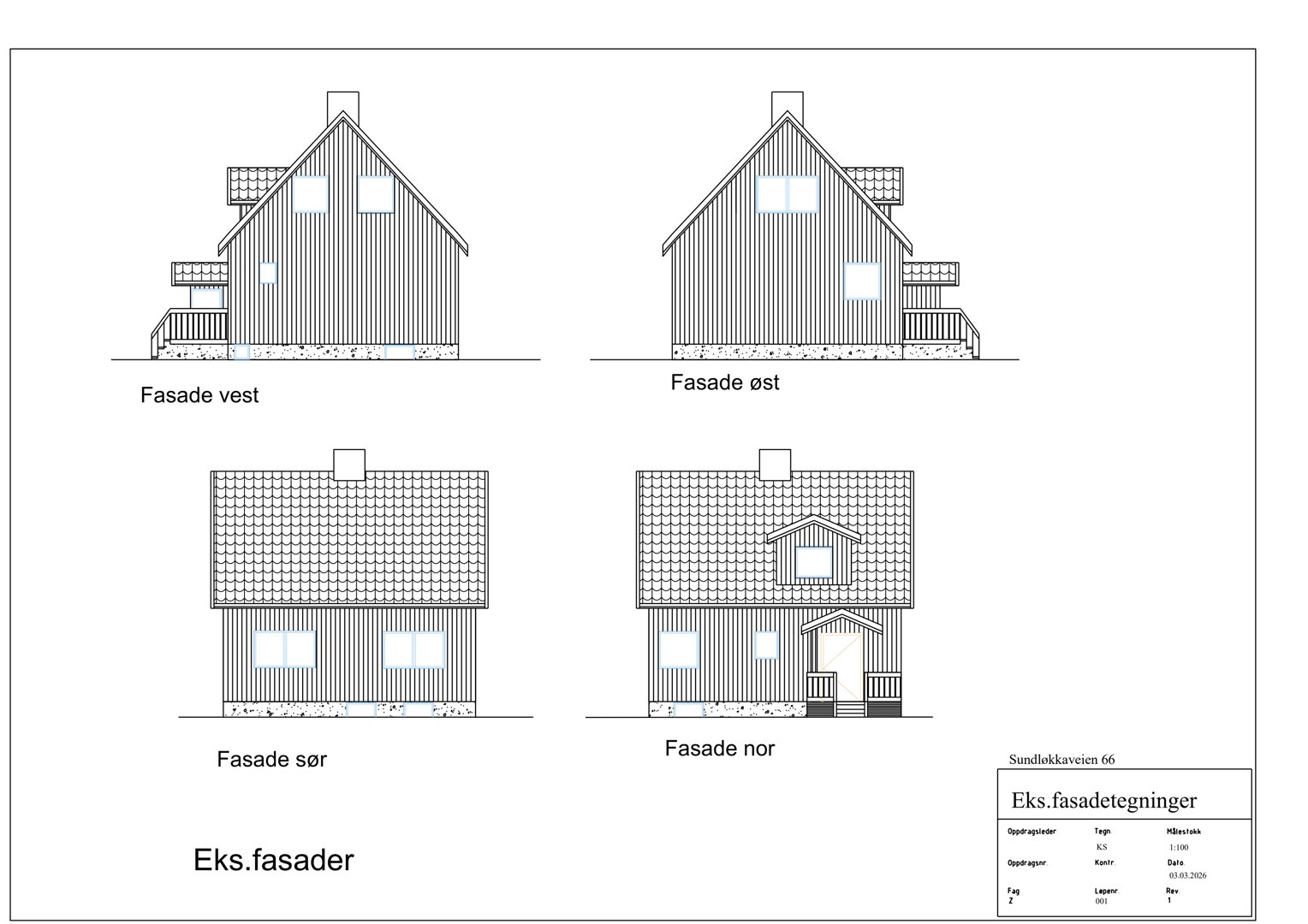 Tegning som viser fire utsnitt av en bygning sett fra ulike sider (vest, øst, sør, nor).