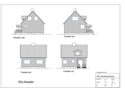 Tegning som viser fire utsnitt av en bygning sett fra ulike sider (vest, øst, sør, nor).
