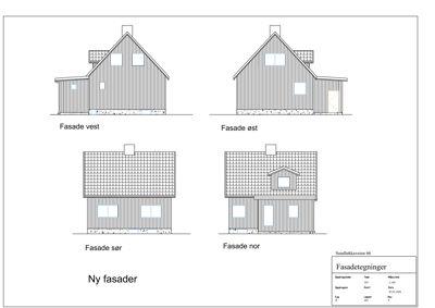 Fasadetegninger som viser bygningens utseende fra fire sider (vest, øst, sør, nord).