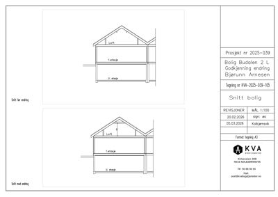 Snittegning av en bolig som viser romfordeling (U. etasje, 1. etasje, Loft) og konstruksjon.