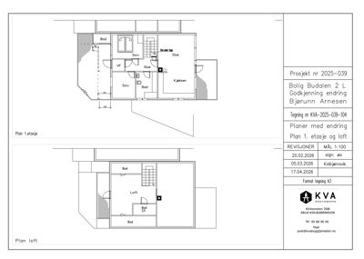Tegning som viser romfordeling for 1. etasje og loft i en bolig, inkludert stue, soverom, kjøkken og bad.