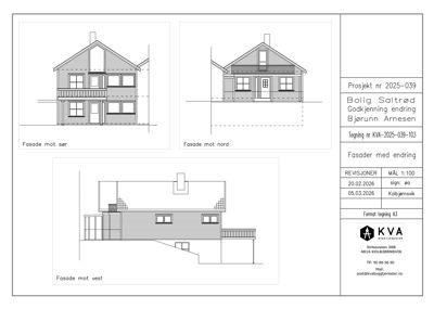 Tegning som viser fasadeopprikk for en bolig sett fra tre sider (sør, nord og vest).