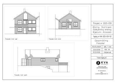 Fasadetegning som viser oppriss av en bolig sett fra tre sider (sør, nord og vest).