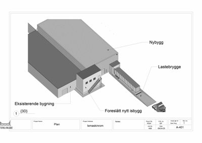 3D-visualisering (rendering) som viser et nytt isbygg (lastebrygge) som skal settes inn i forhold til en eksisterende bygning.