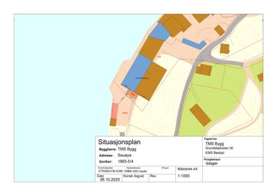 Situasjonsplan som viser eiendomsinndeling, bebyggelse og topografi for Sauøya i Bestad.