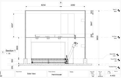 Snittegning (Side View) som viser bygningens tverrsnitt med mål på høyder, etasjer og fundament.