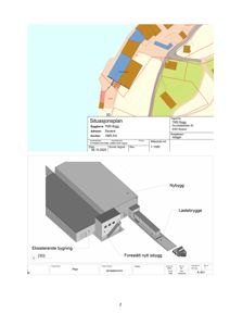 Bildet viser en situasjonsplan med tomtetegning (øvre del) og en 3D-visualisering av nybygg og eksisterende bygning (nedre del).
