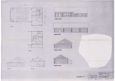 Tegning som viser fasader (vest, øst, sør, nord) og snitt for en bygning.