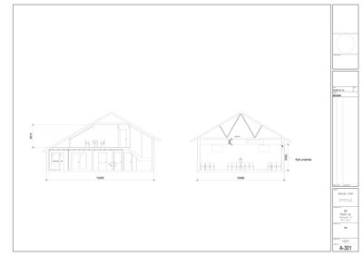 Fasadetegning (opprikk) som viser bygningens utseende fra front og side, inkludert mål og detaljer om takkonstruksjon.